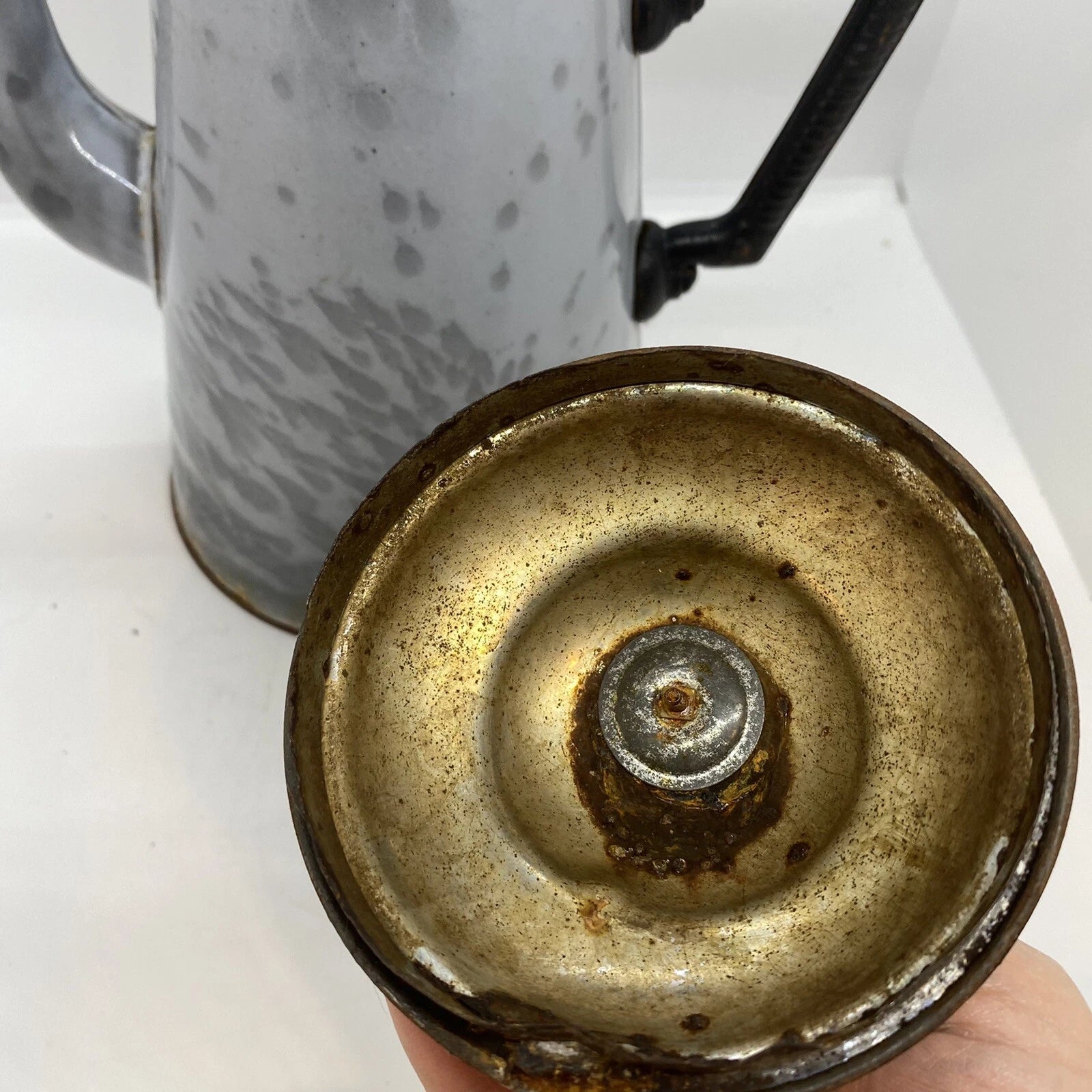 Antique American GRANITEWARE Grey Mottled Enamel Gooseneck 8" Teapot Coffee