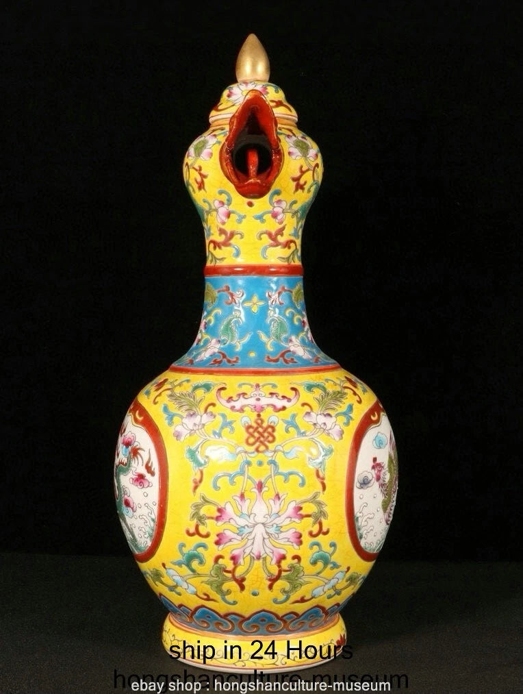 11.6" Qianlong Marked Enamel Porcelain Dragon Phoenix Beast Head Wine Tea Pot