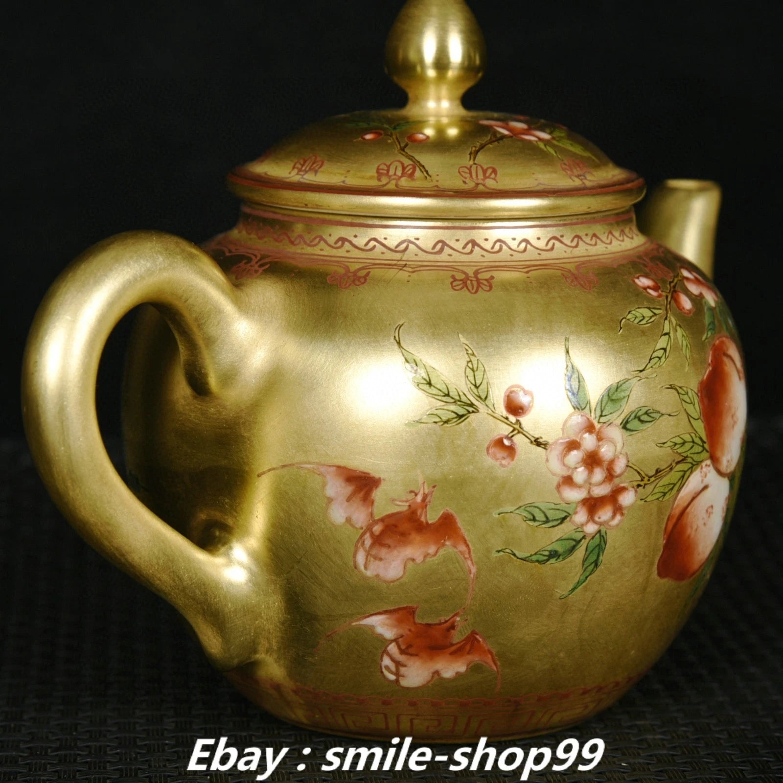 5.7" Qianlong Enamel Colour Porcelain Gold Bat Peach Pattern Wine Tea Pot Flagon