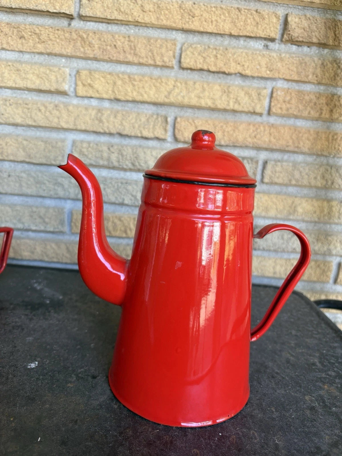 Enamel Red Coffee Pot Hand Tea Kettle With Sugar And Creamer Signs Of Wear