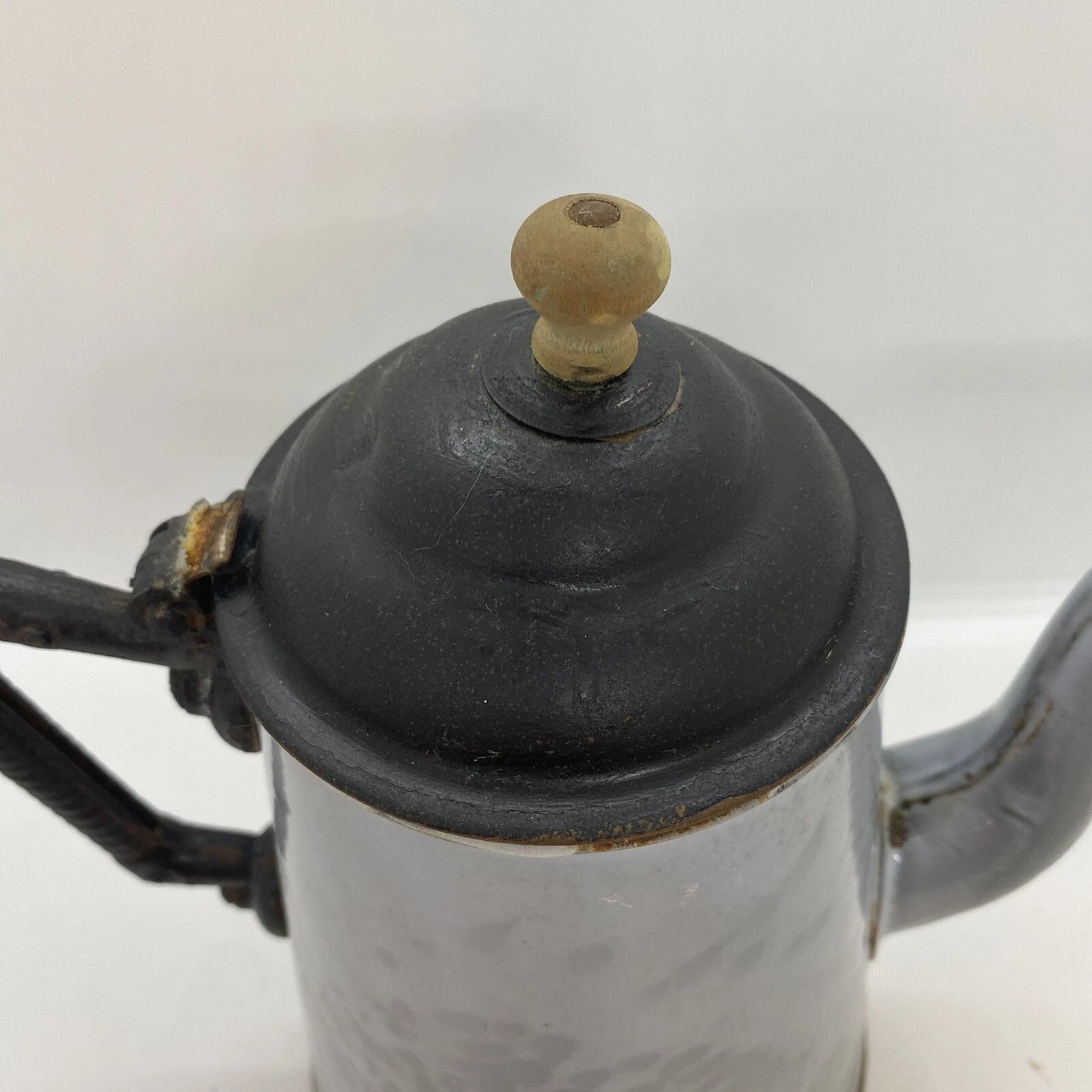 Antique American GRANITEWARE Grey Mottled Enamel Gooseneck 8" Teapot Coffee