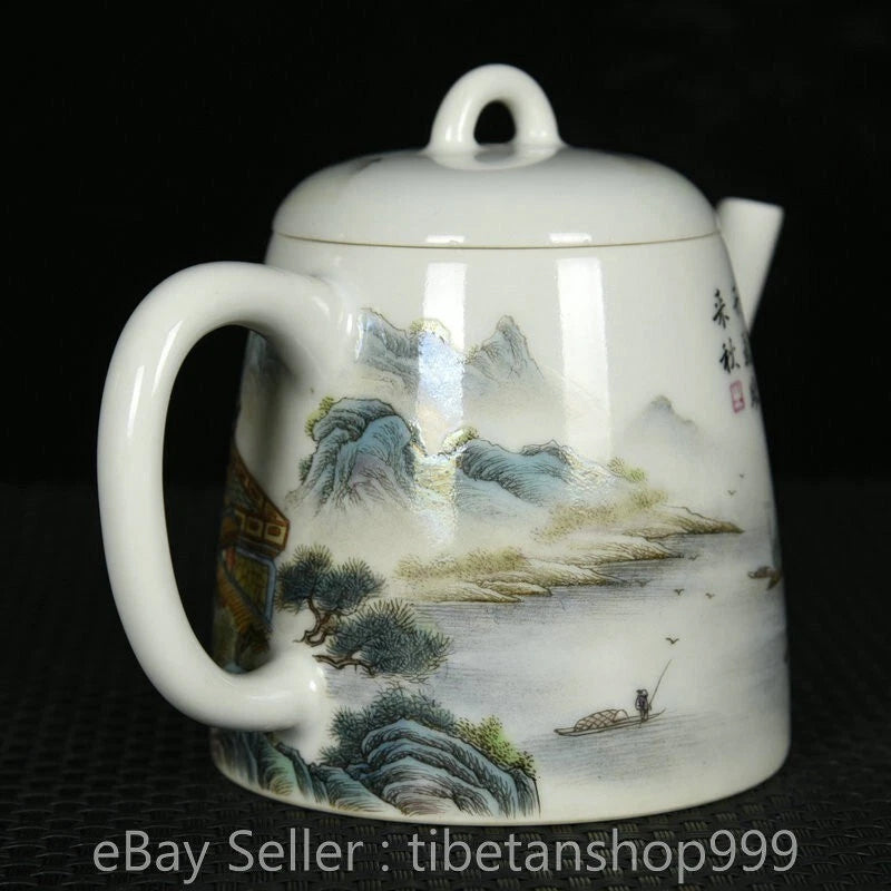 5" Old Chinese Yongzheng Enamel Porcelain Landscape Handle Tea Pot Kettle