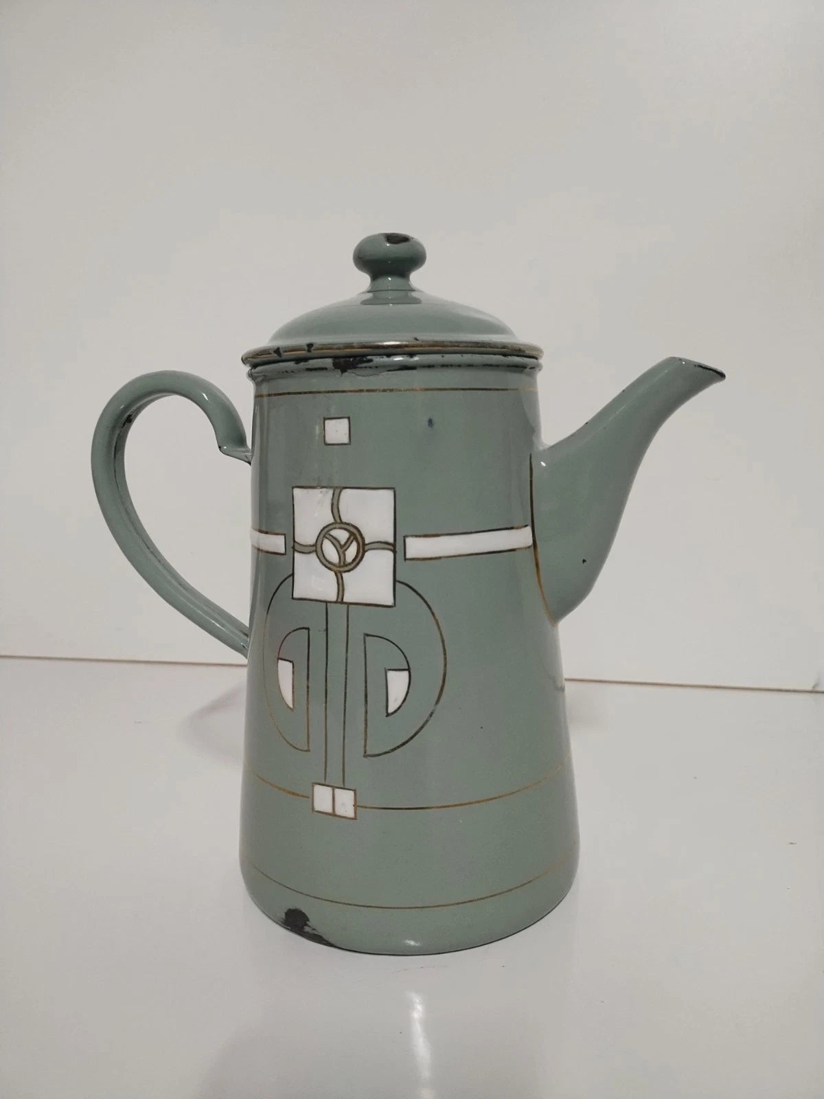 Antique Art Nouveau Jugendstil Blue Enamelware W/ Raised Elements Teapot Kettle