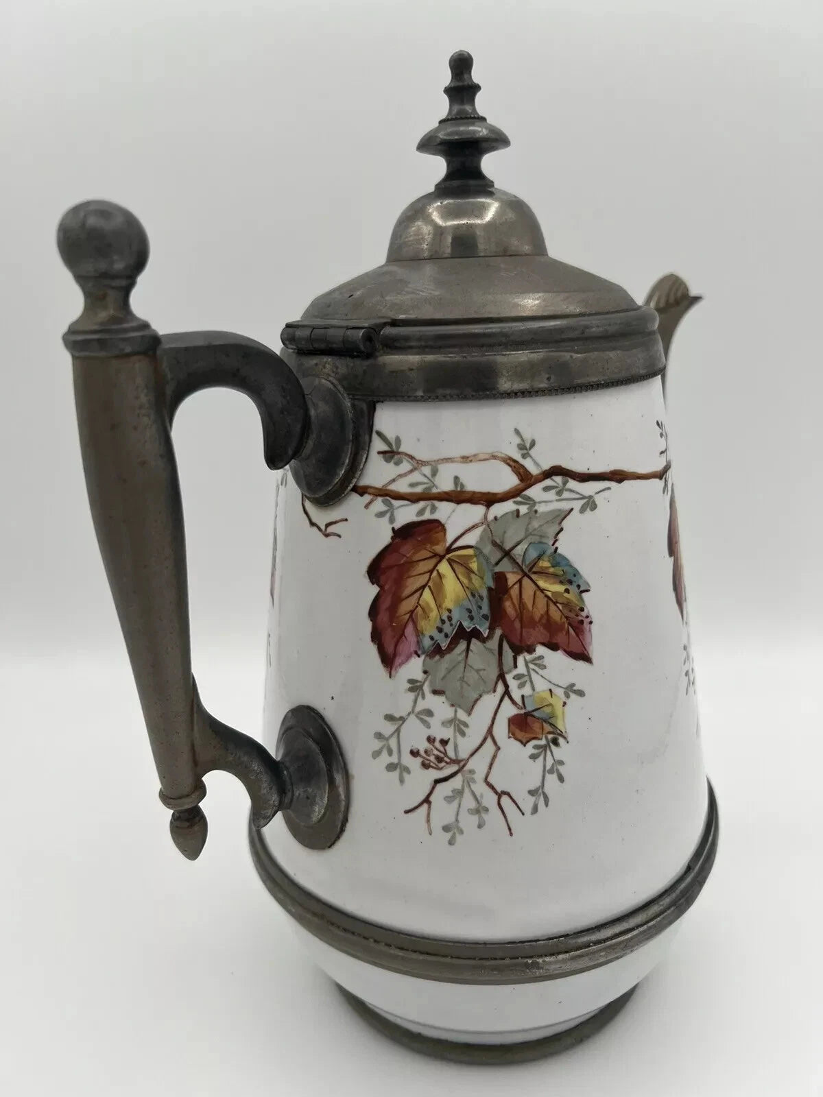 Antique Manning Bowman & Co 11” Teapot Coffee Pot Hand Painted Enamel & Pewter