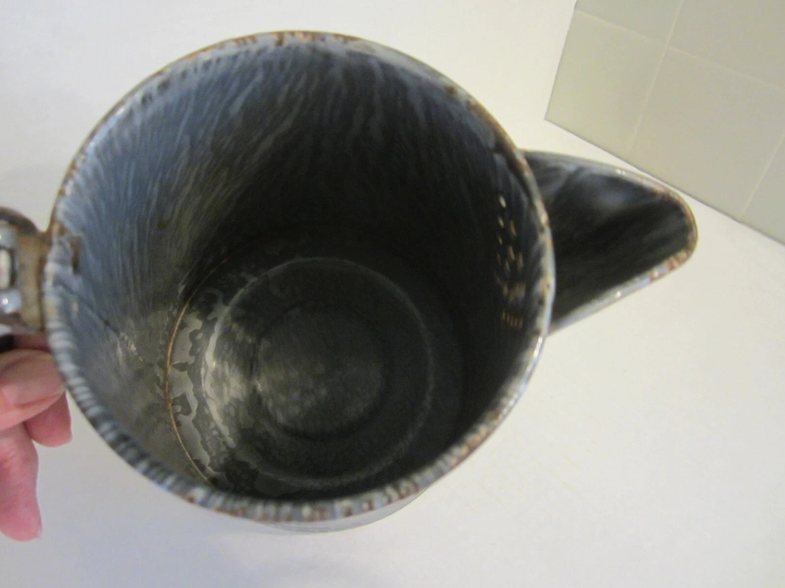 Antique Gray Granite Ware Enamel Coffee Tea Pot Cowboy w/Tin Lid Camping