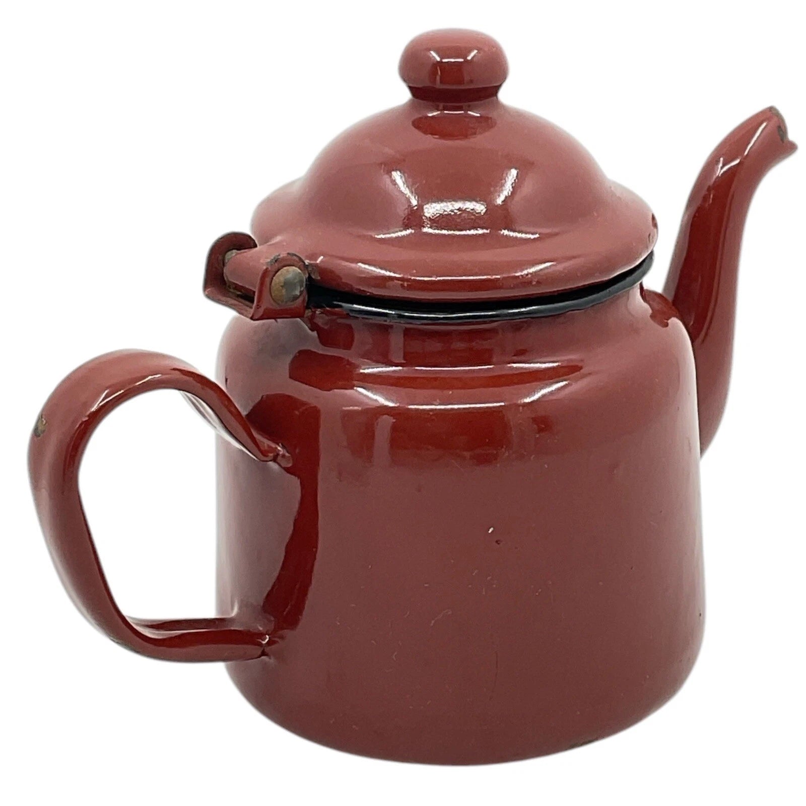 Brown Tea Pot With Hinged Lid Small Enamelware Vintage Farmhouse Decor