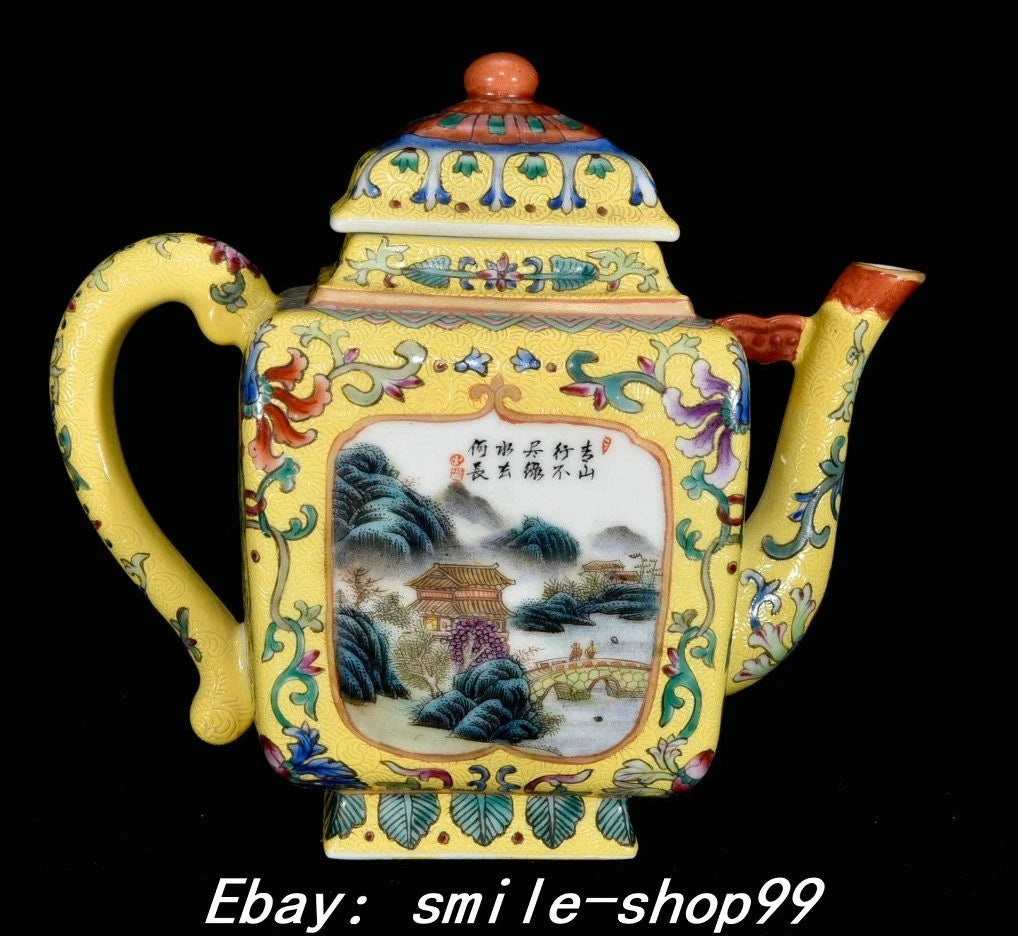 7" Yongzheng Enamel Colour Porcelain landscape Word Pattern Wine Tea Pot Flagon
