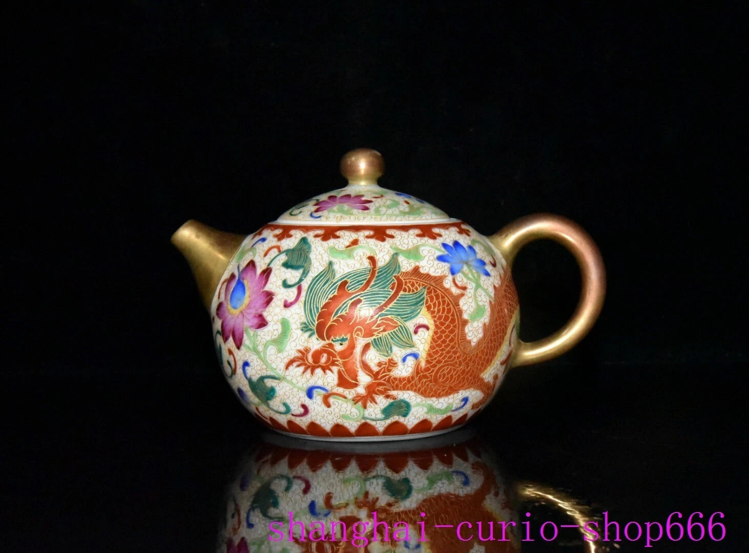 5.6"Qing Dynasty Qianlong enamel porcelain gilding dragon loong grain Teapot pot