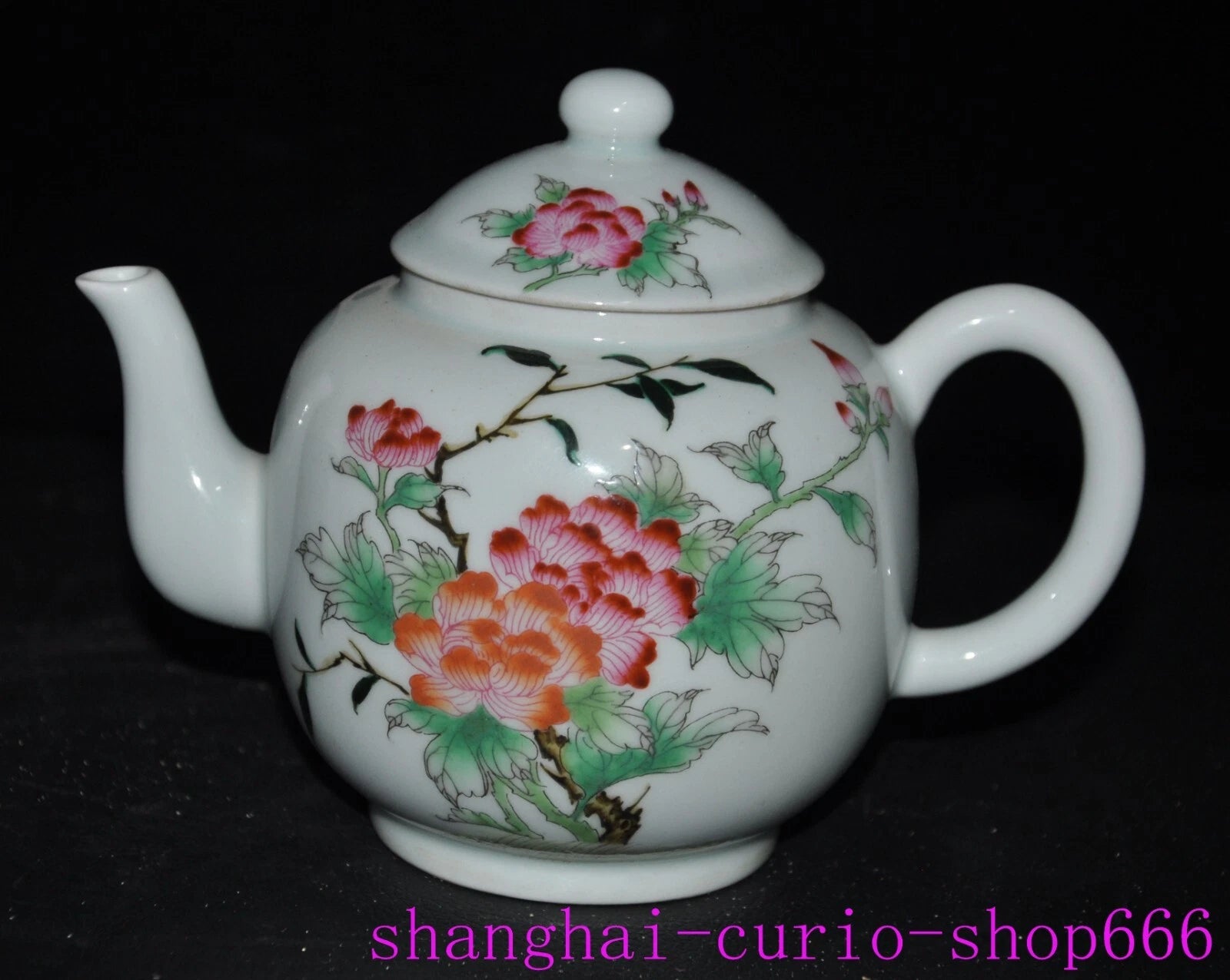 6.6"Qing Dynasty Qianlong enamel porcelain flowers text Tea set Teapot statue