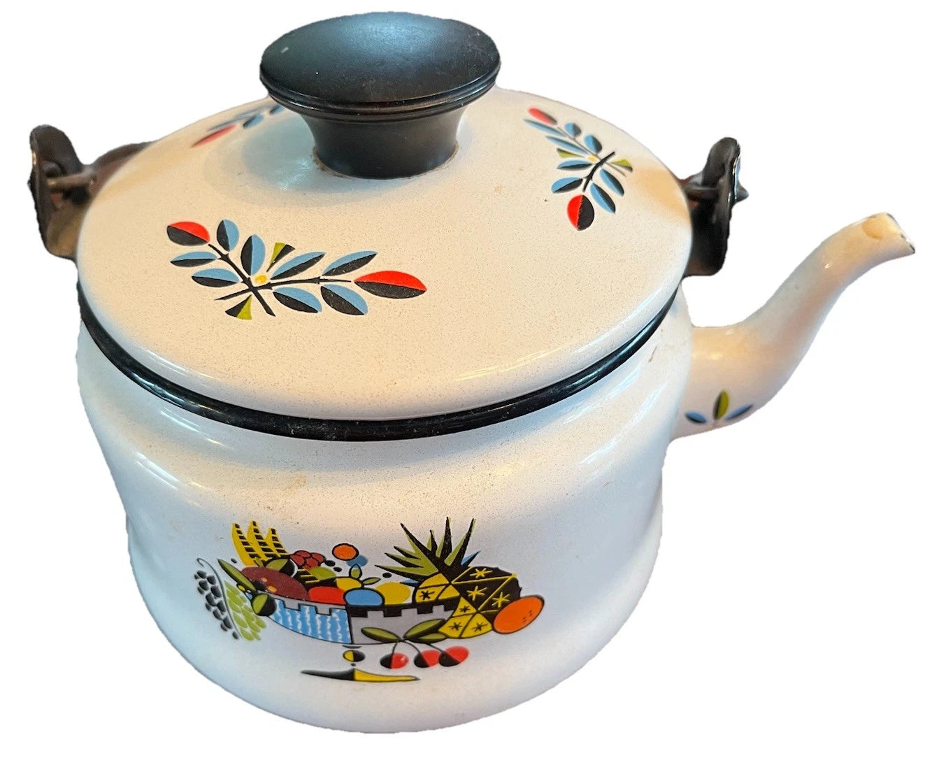 Bergen Enamelware Tea Pot Kettle Scandinavian Swedish Style Offset Wooden Handle