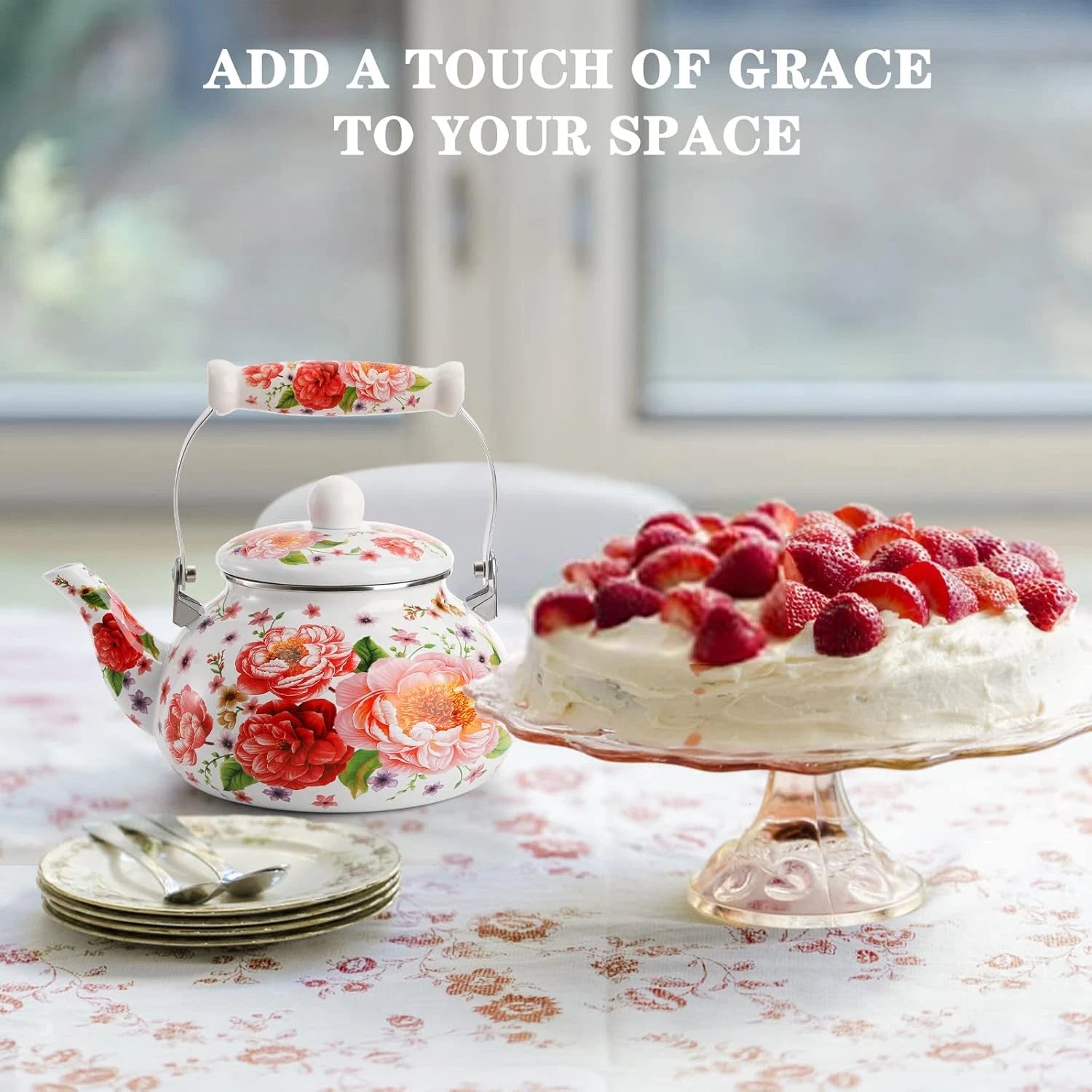 2.6 Quart Enamel Tea Kettle, 2.5L Porcelain Tea Pot with Handle for Hot Water, N