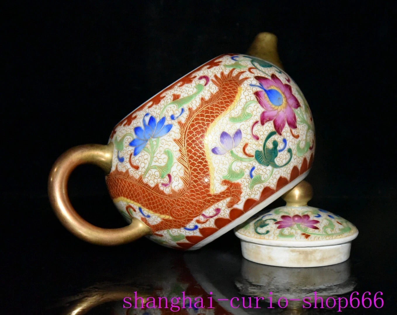 5.6"Qing Dynasty Qianlong enamel porcelain gilding dragon loong grain Teapot pot
