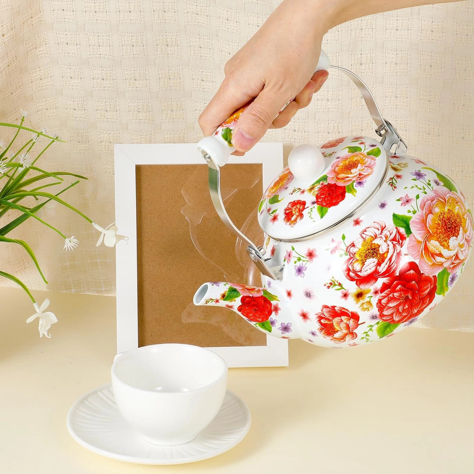 2.6 Quart Floral Enamel Tea Kettle, Vintage Enameled Teapot Stovetop, Enamel ...