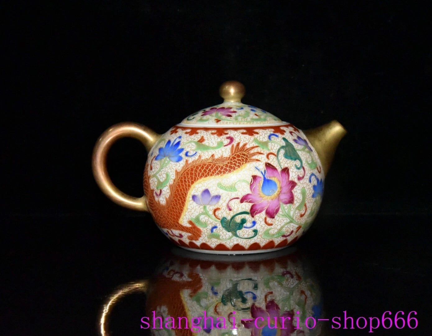 5.6"Qing Dynasty Qianlong enamel porcelain gilding dragon loong grain Teapot pot