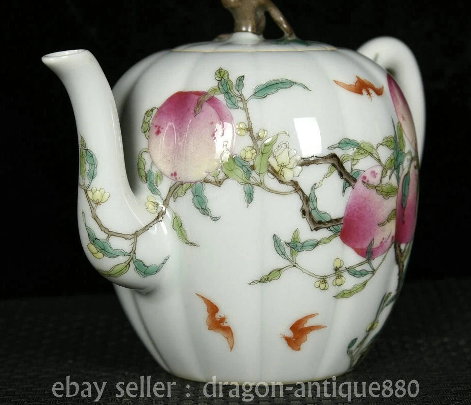6.2" Old China Qianlong Marked Colour Enamel Porcelain Fushou Bat Peach Teapot