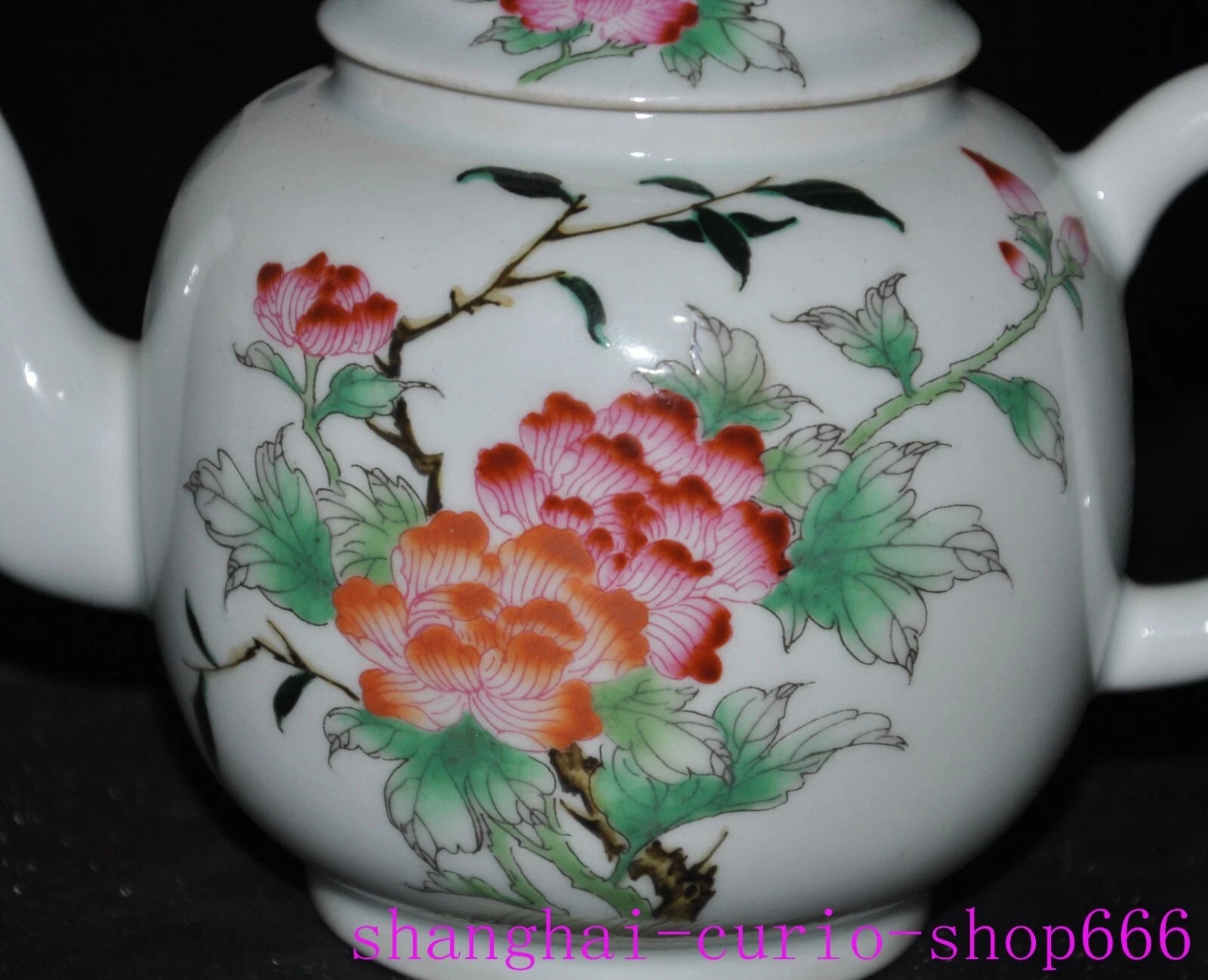 6.6"Qing Dynasty Qianlong enamel porcelain flowers text Tea set Teapot statue