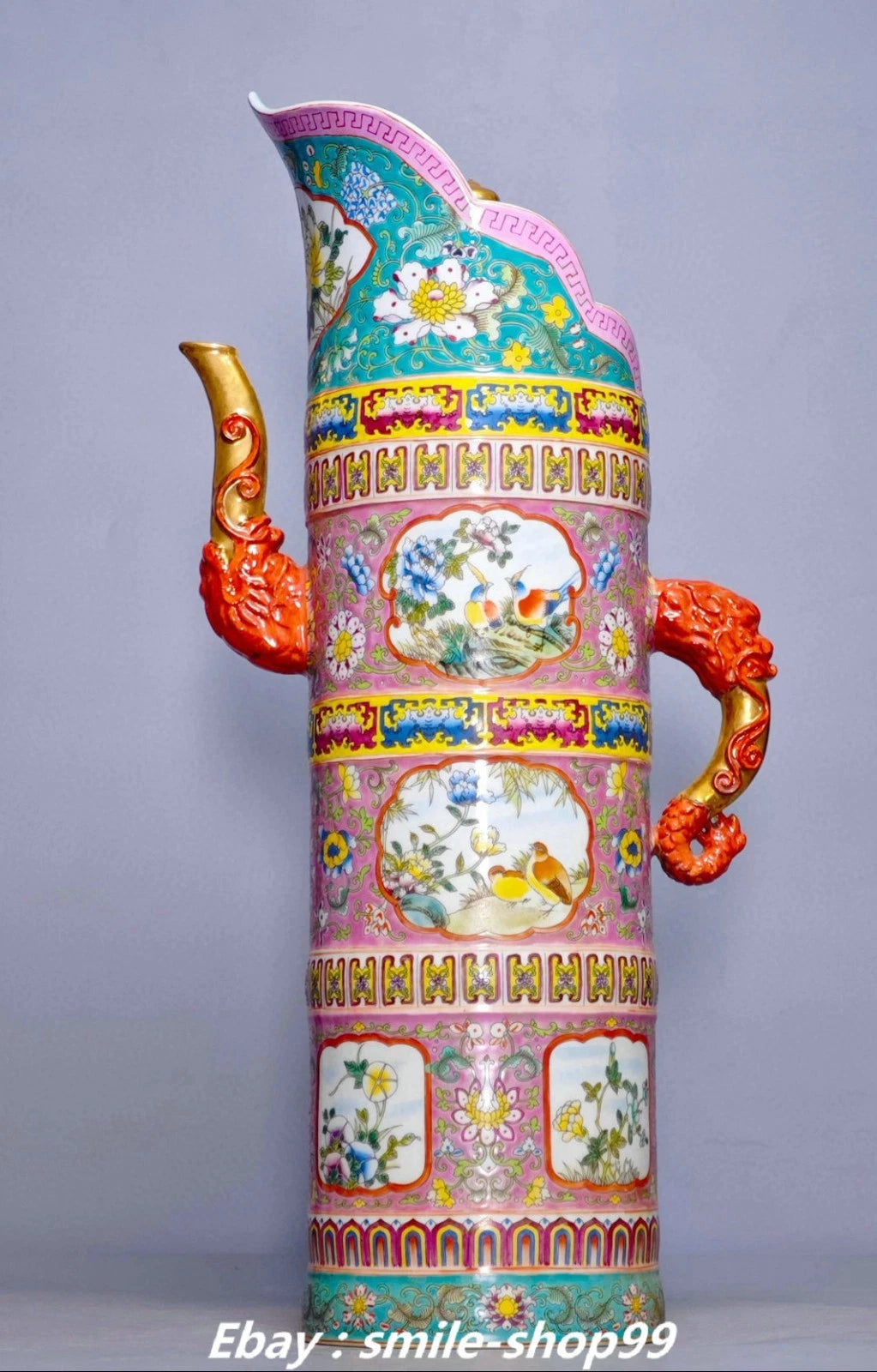 20.4" Yongzheng Enamel Colour Porcelain Gilt Flower Bird Wine Tea Pot Flagon