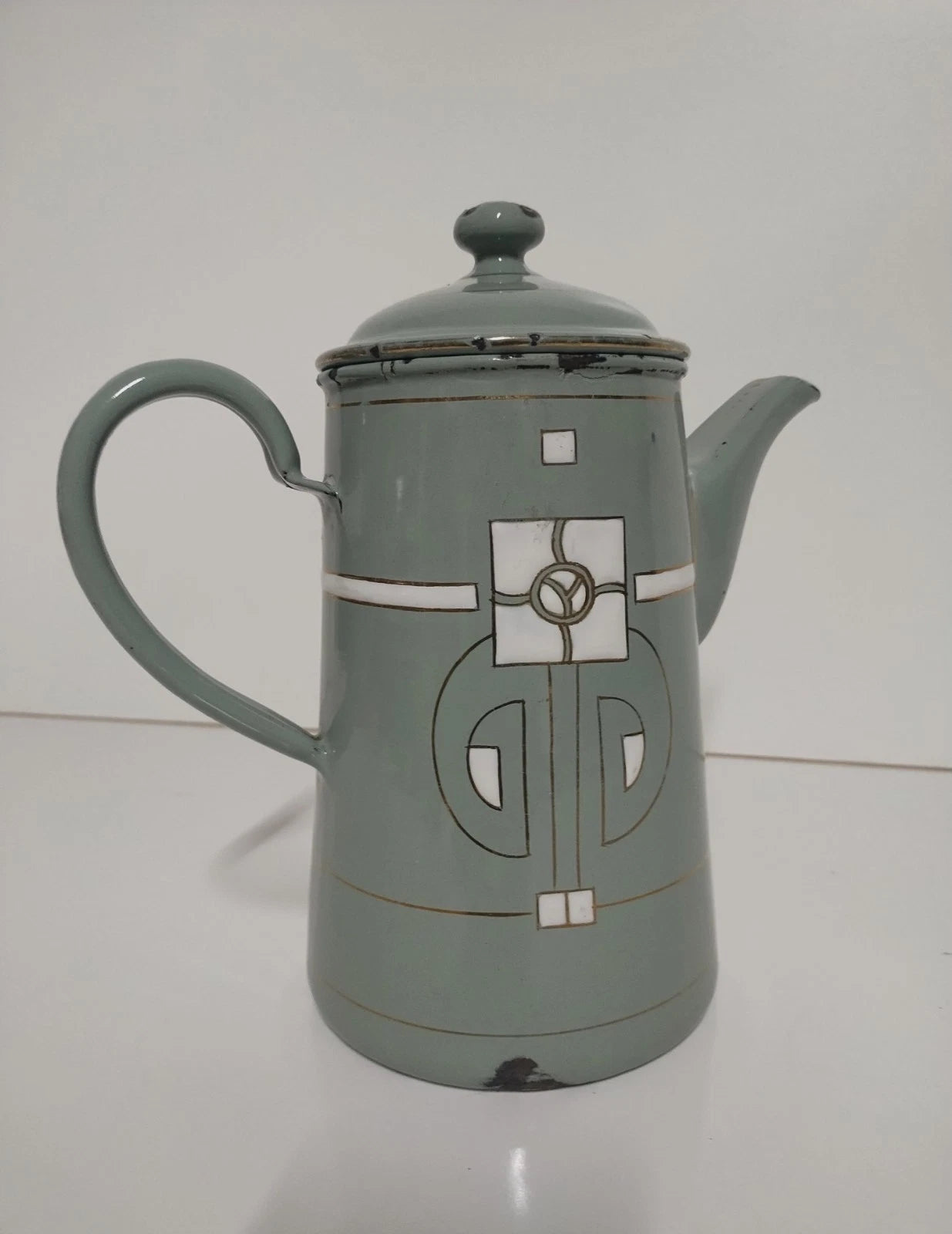 Antique Art Nouveau Jugendstil Blue Enamelware W/ Raised Elements Teapot Kettle