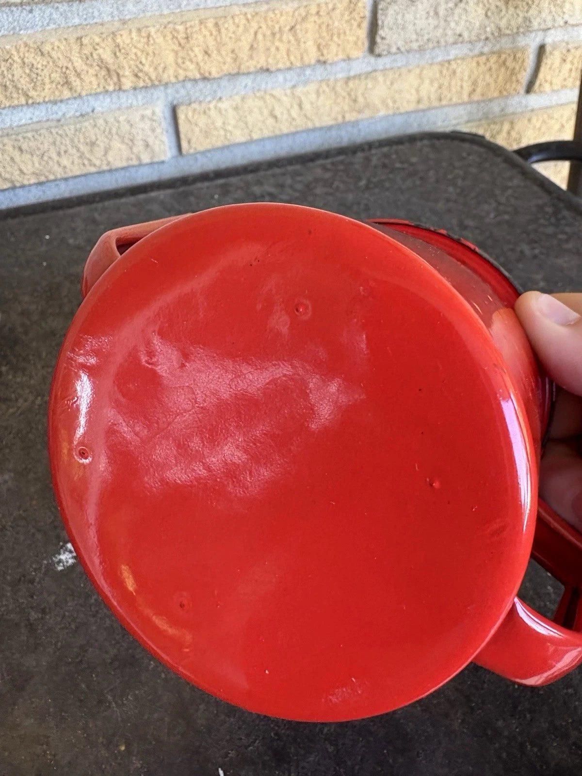 Enamel Red Coffee Pot Hand Tea Kettle With Sugar And Creamer Signs Of Wear