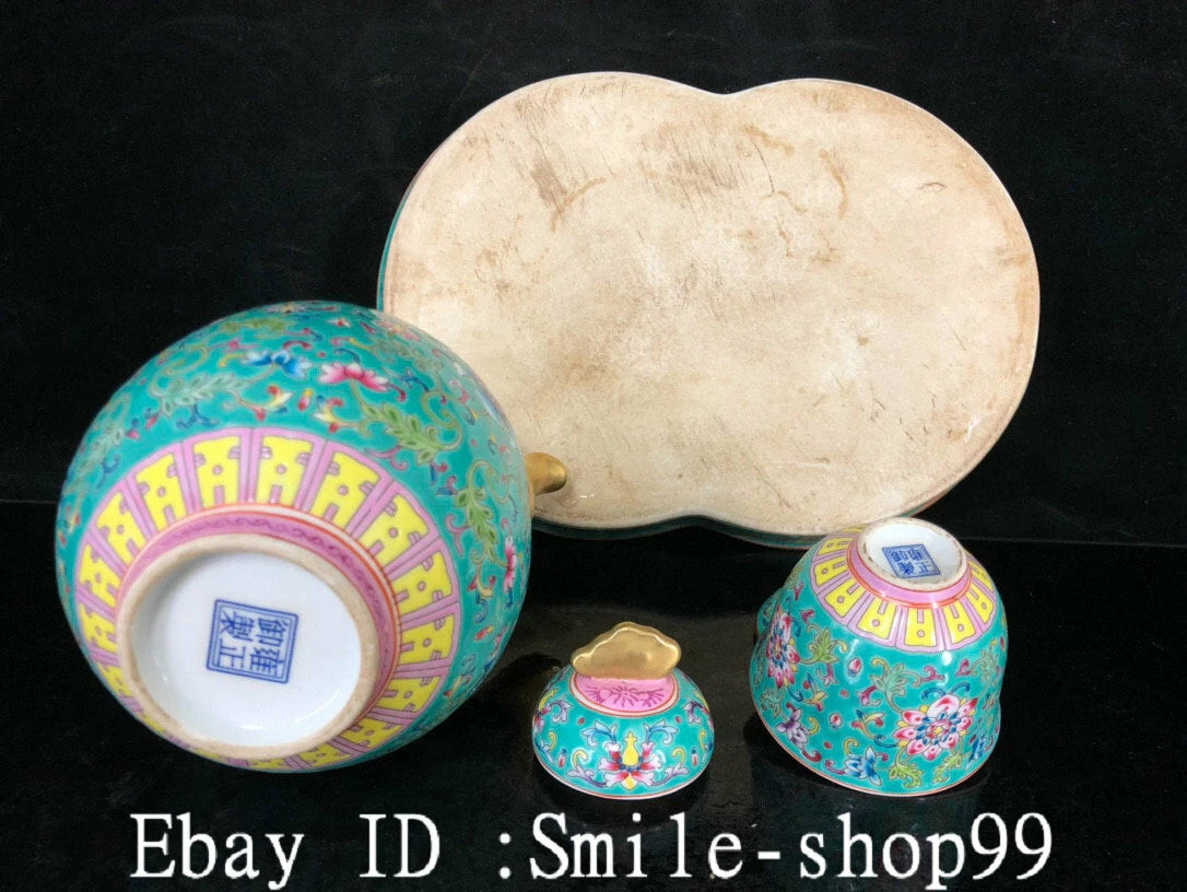 7.8" Old Qing Dynasty Enamel Colour Porcelain Gilt Wine Tea Pot Flagon Cup Set