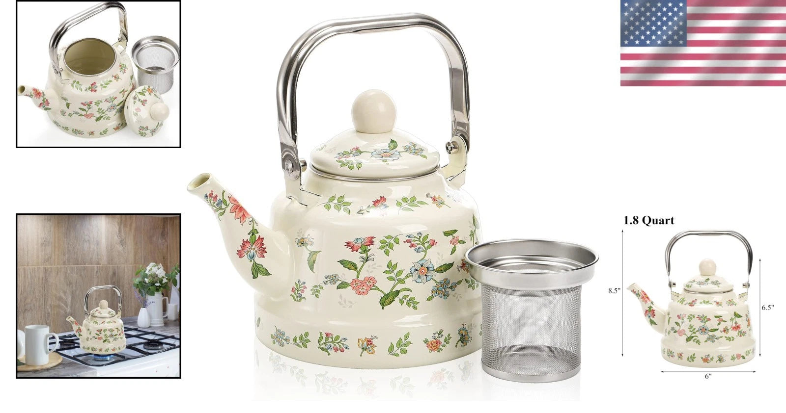 Elegant 1.8L Enamel Teapot - Retro Green Floral Design for Home and Camping