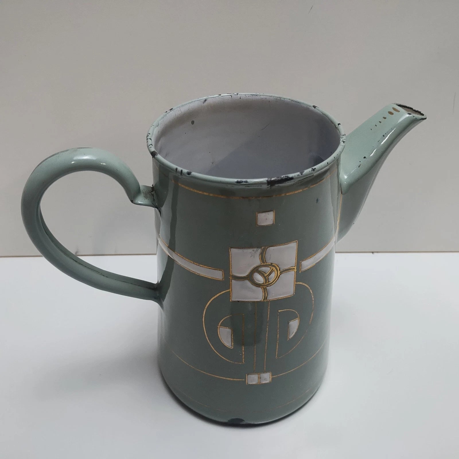 Antique Art Nouveau Jugendstil Blue Enamelware W/ Raised Elements Teapot Kettle