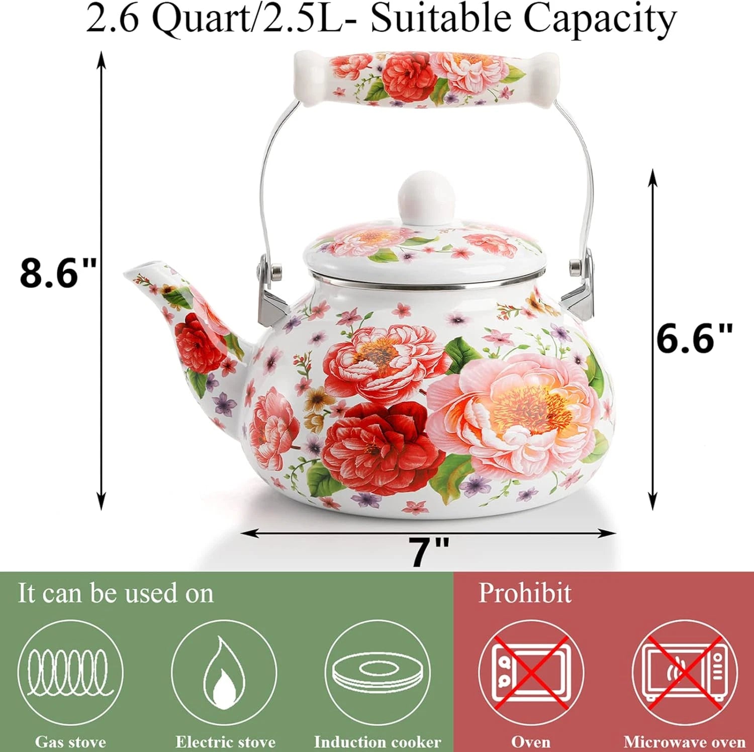 2.6 Quart Enamel Tea Kettle, 2.5L Porcelain Tea Pot with Handle for Hot Water, N