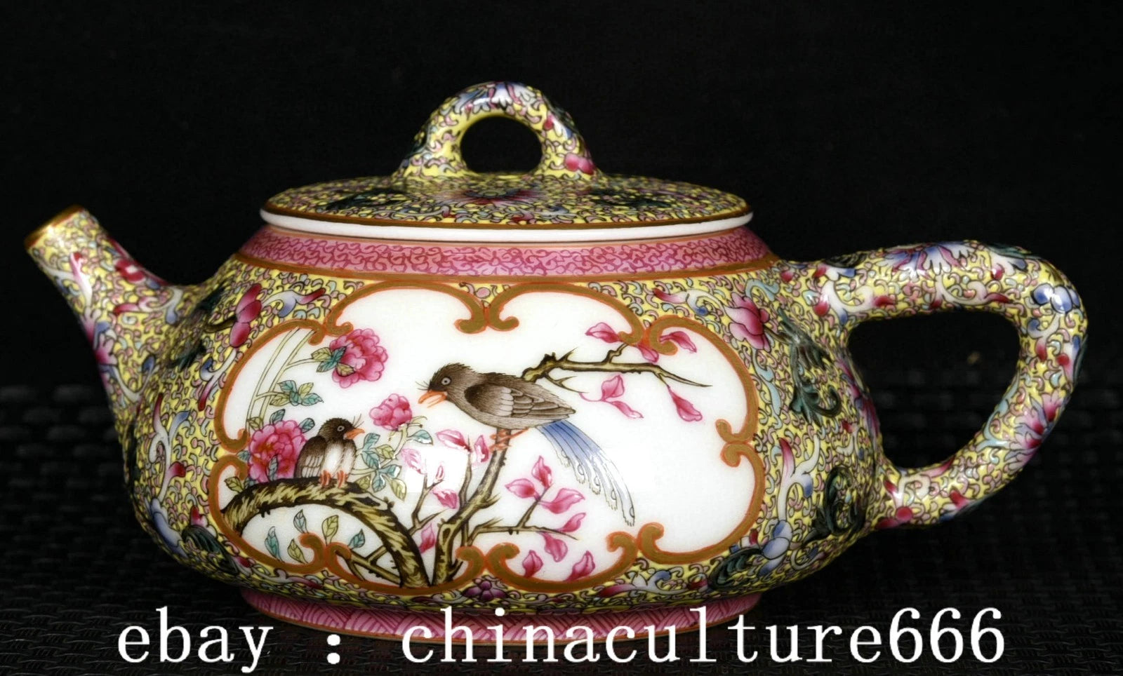 6" Qianlong Dynasty Colour Enamel Porcelain Flower Bird Animal Lid Teapot Pot