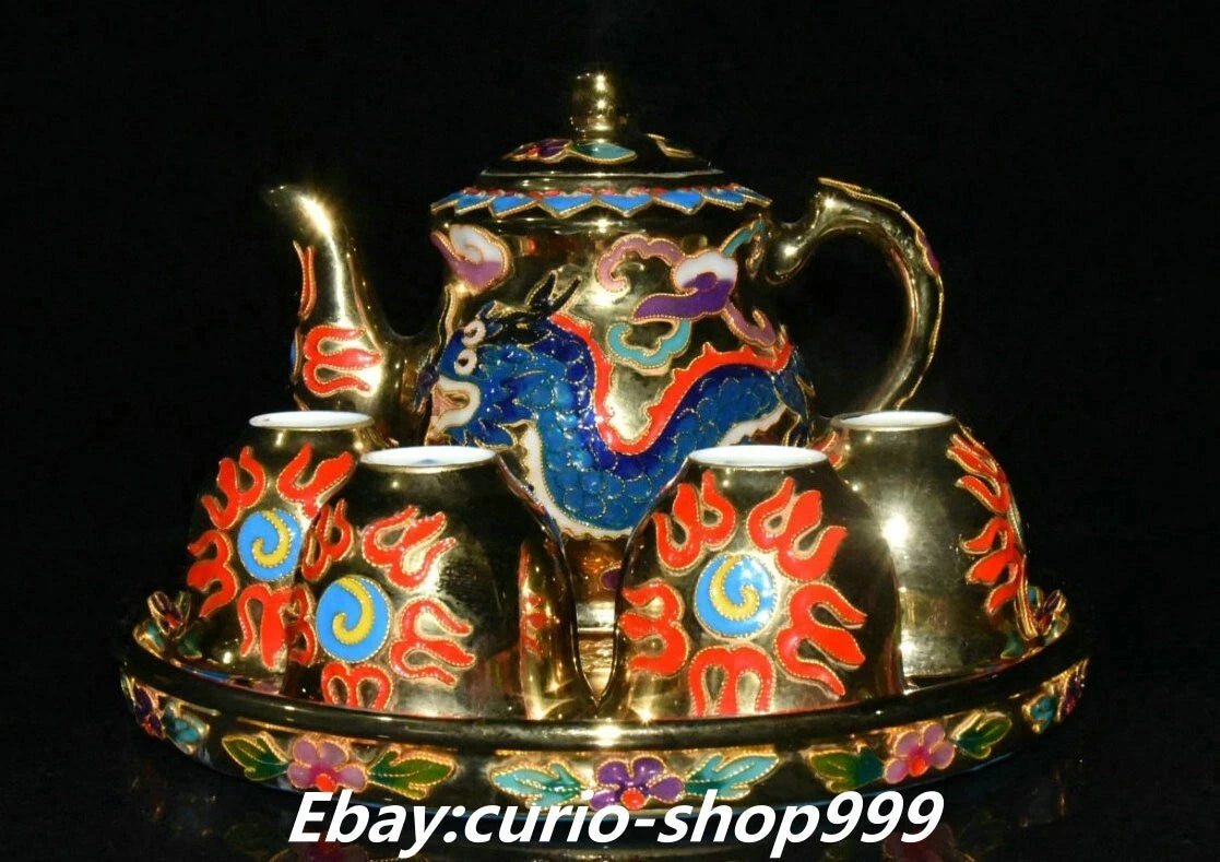 9" Enamel Porcelain Filigree Gold Dragon Crane Birds Tea Pot Cup Tray Tea Set