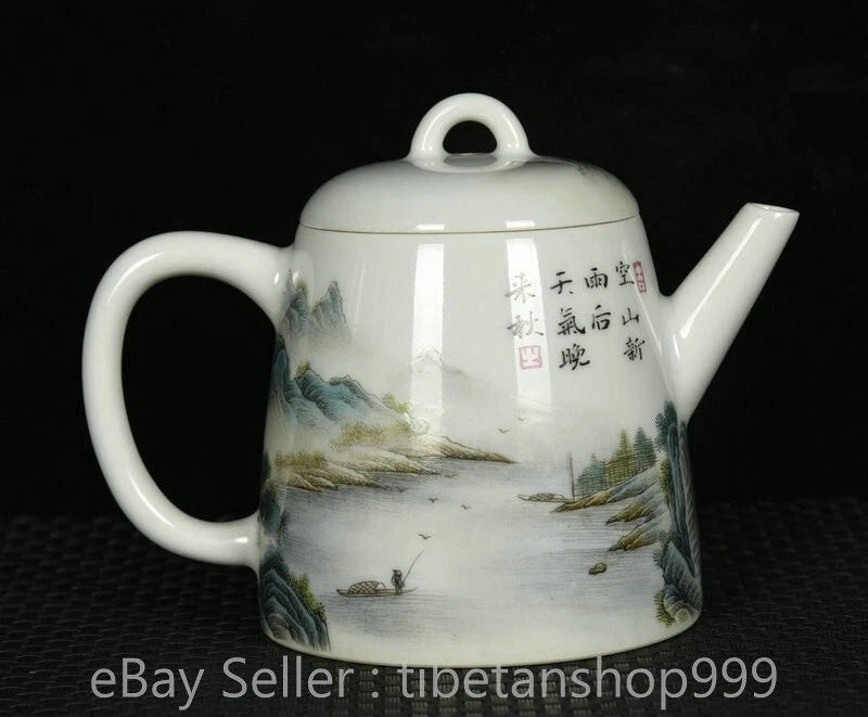5" Old Chinese Yongzheng Enamel Porcelain Landscape Handle Tea Pot Kettle