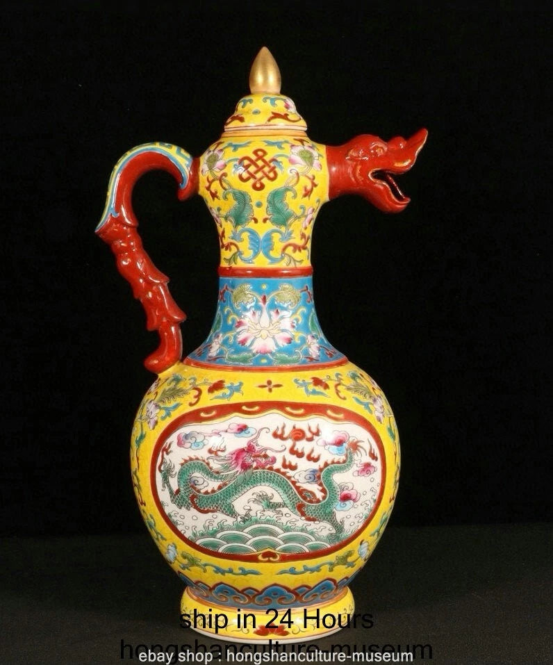 11.6" Qianlong Marked Enamel Porcelain Dragon Phoenix Beast Head Wine Tea Pot