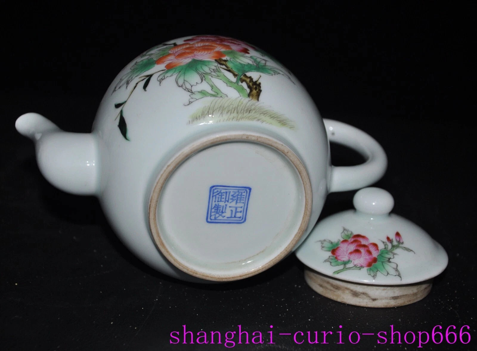6.6"Qing Dynasty Qianlong enamel porcelain flowers text Tea set Teapot statue