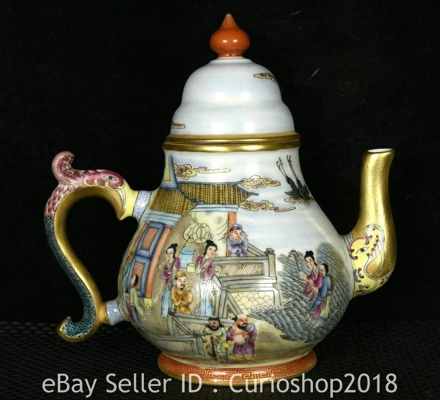 8.4" Qing Qianlong Marked Enamel Colour Porcelain 8 Immortal Wine Tea Pot Flagon