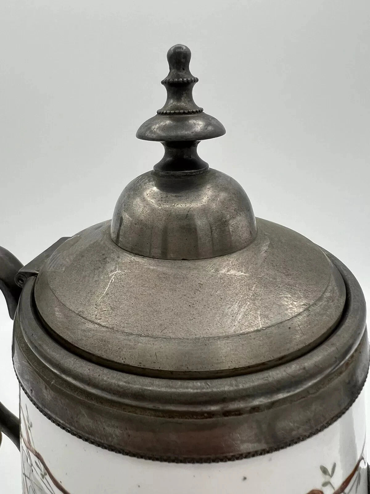 Antique Manning Bowman & Co 11” Teapot Coffee Pot Hand Painted Enamel & Pewter