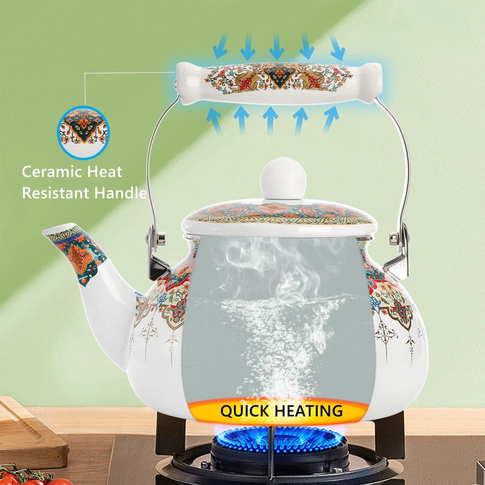 Ceramic Enamel Tea Kettle 2.6 Quart Large Floral Colorful Teapot With Handle For