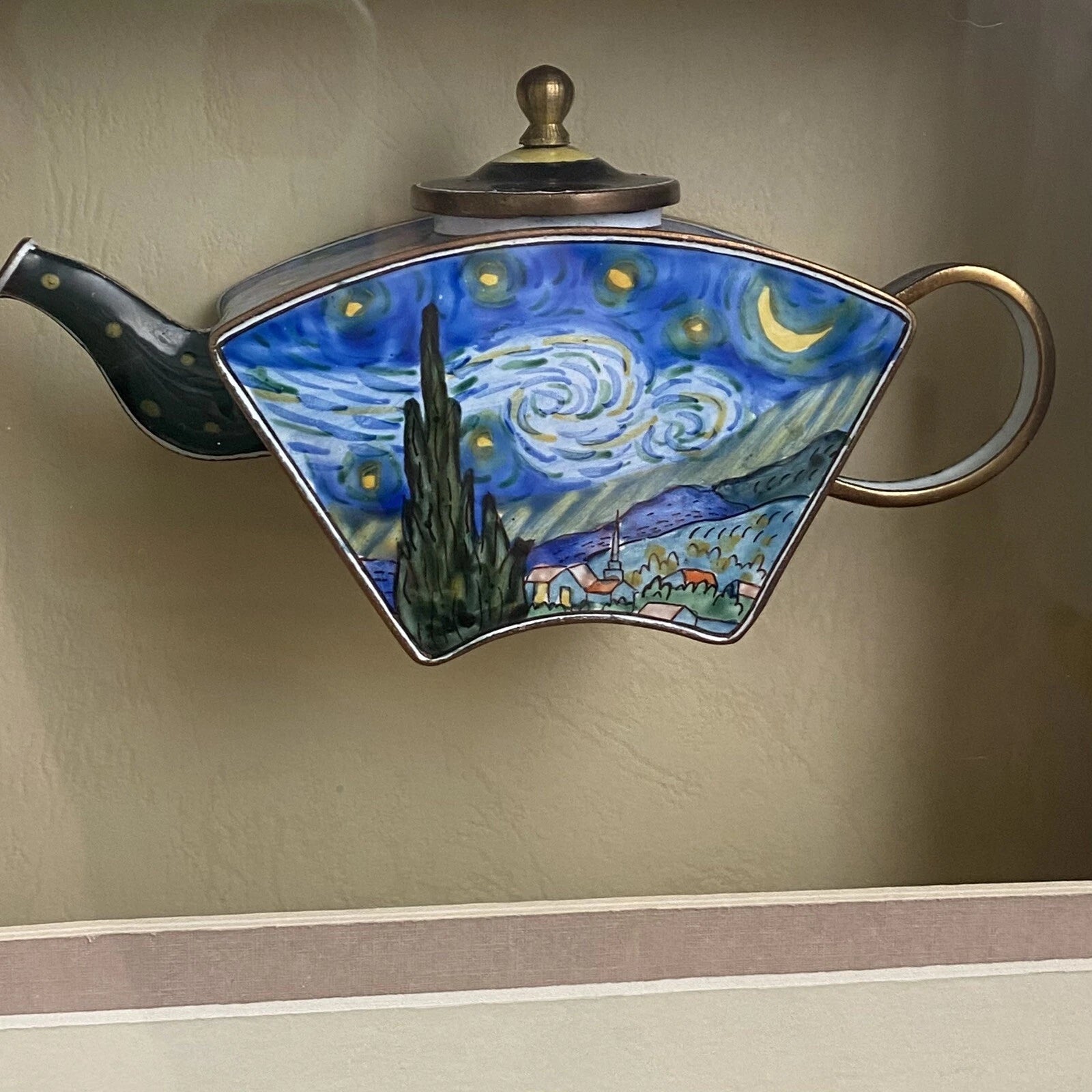 2001 KELVIN CHEN Enamel Lidded Tea Pot Starry Night Vangogh Mini Teapot Framed