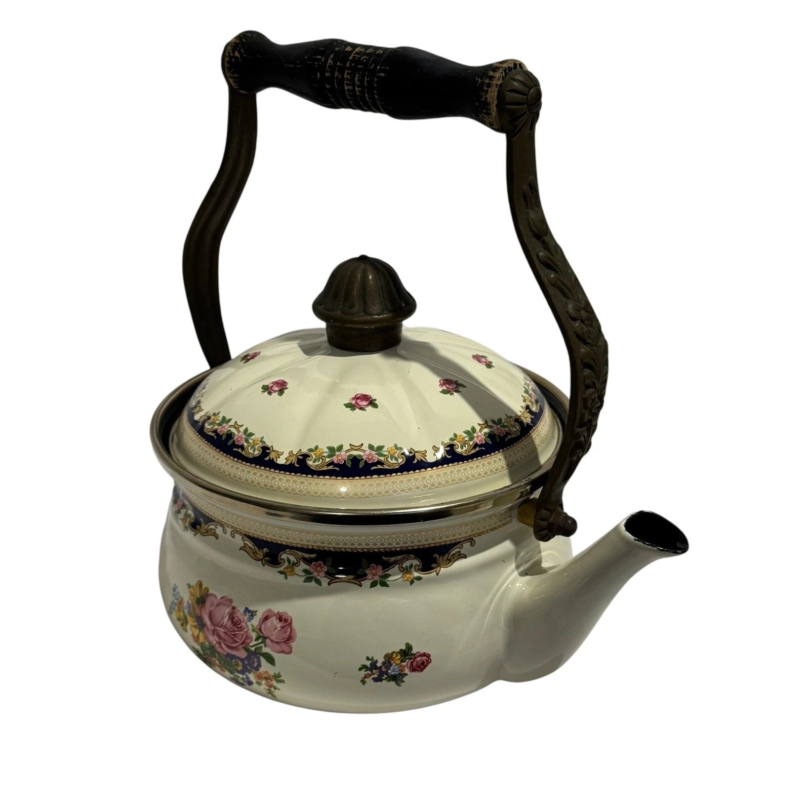 ASTA Enamelware Tea Kettle 1960s Teapot Brass Handles Floral Vtg West Germany