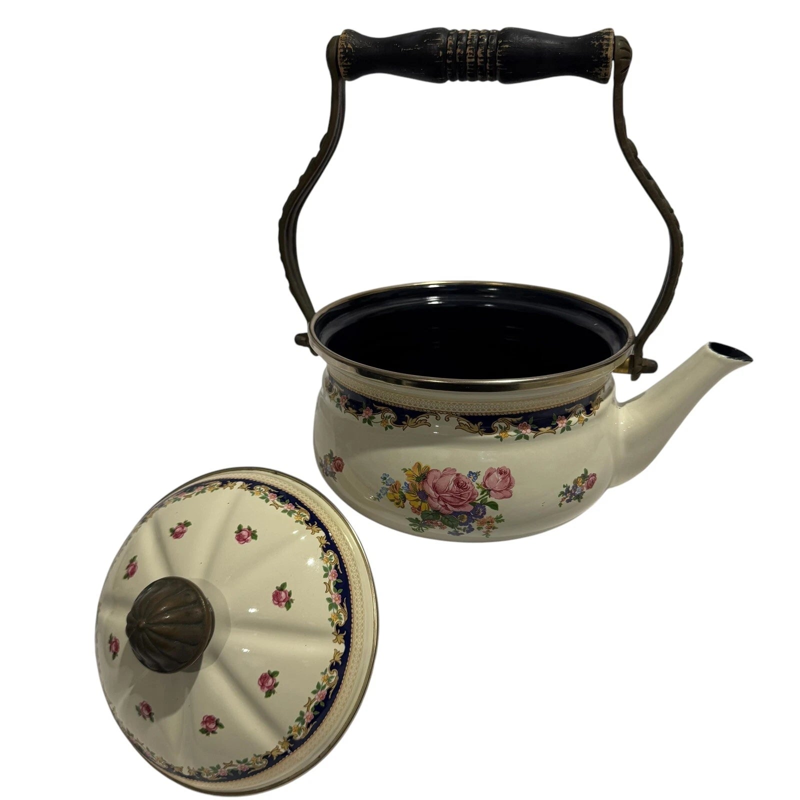 ASTA Enamelware Tea Kettle 1960s Teapot Brass Handles Floral Vtg West Germany