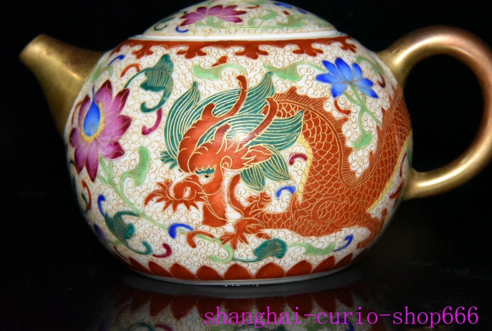 5.6"Qing Dynasty Qianlong enamel porcelain gilding dragon loong grain Teapot pot
