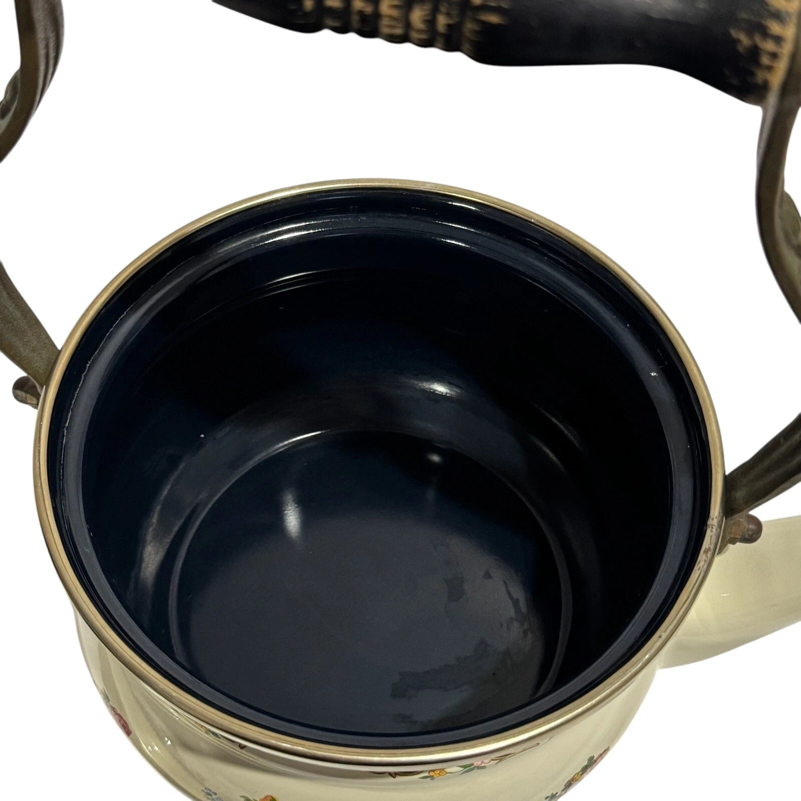 ASTA Enamelware Tea Kettle 1960s Teapot Brass Handles Floral Vtg West Germany