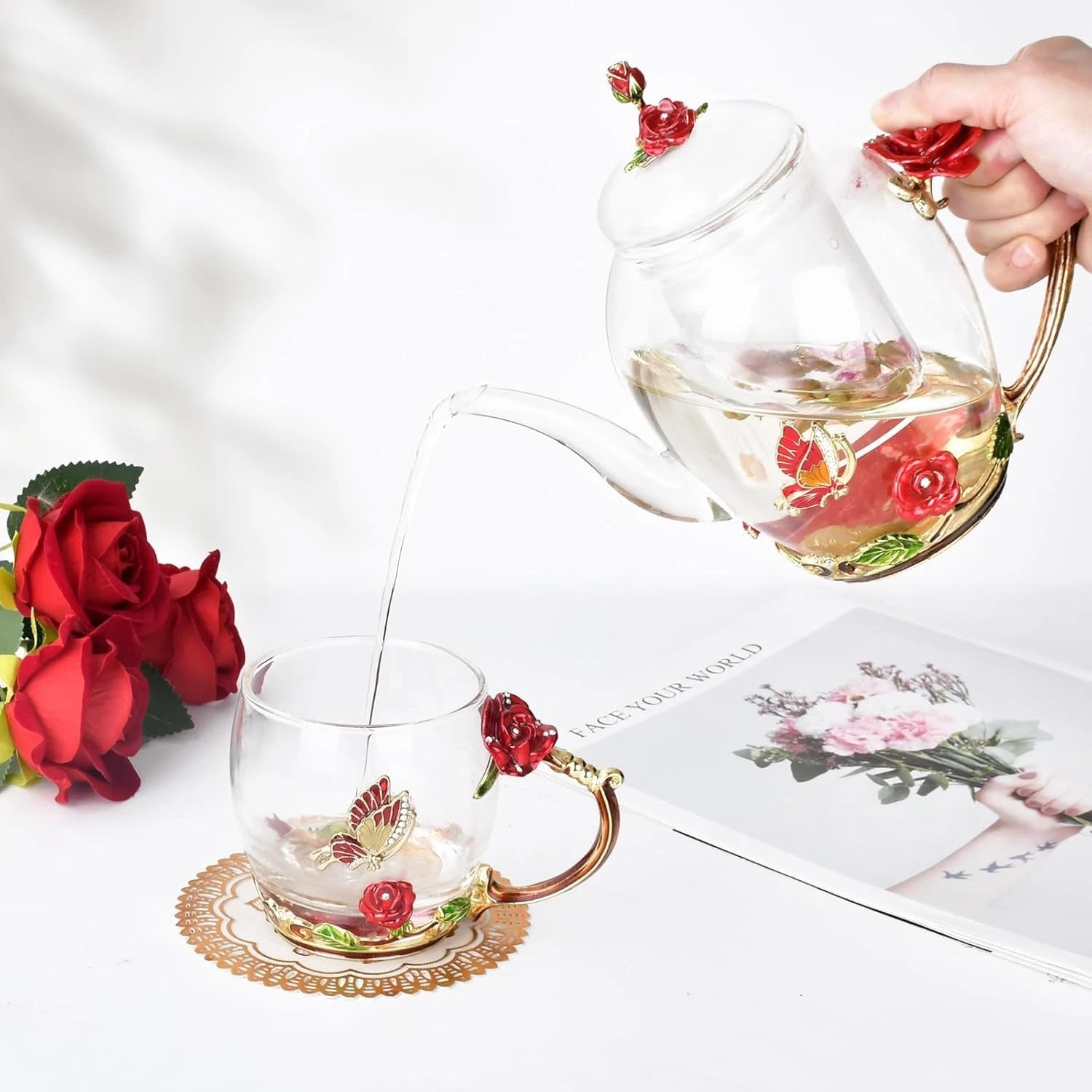 Enamel Glass Flower Tea Pot With Removable Loose Leaf Infuser Tea-Pot