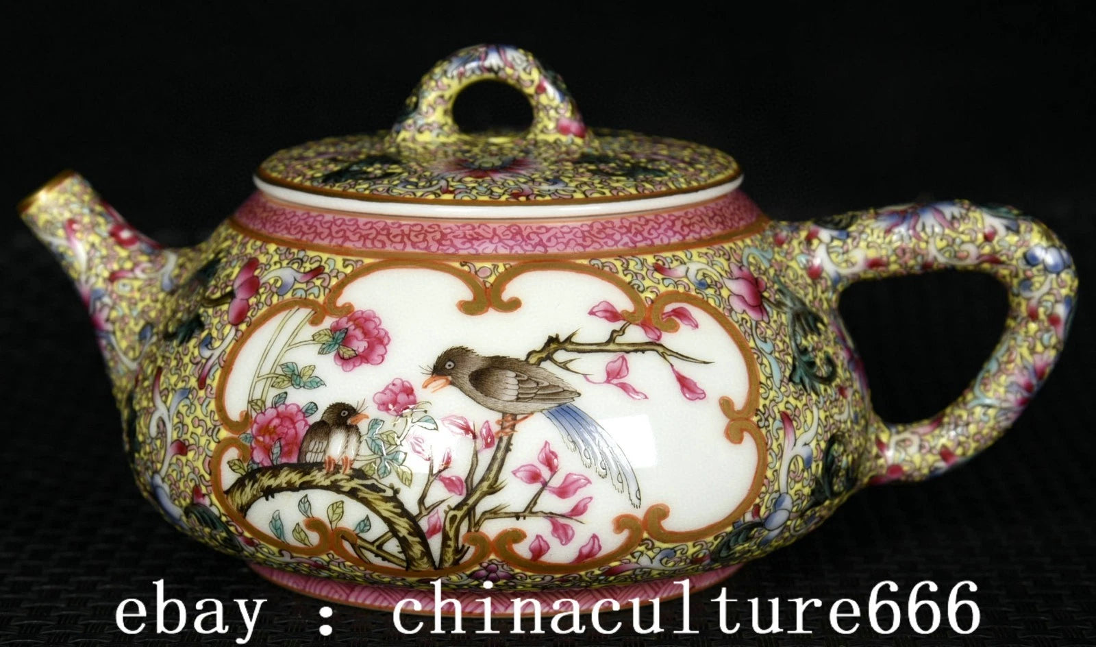 6" Qianlong Dynasty Colour Enamel Porcelain Flower Bird Animal Lid Teapot Pot