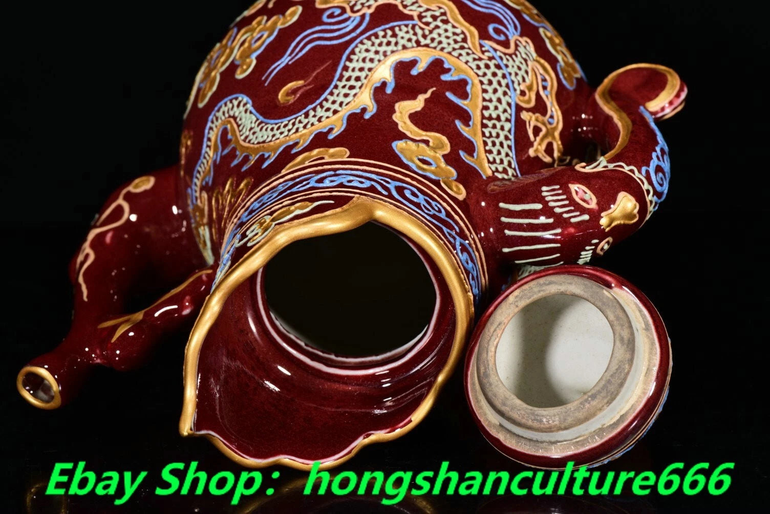 9"Yongle marked red glaze colour enamel porcelain gilt dragon Wine Teapot Flagon
