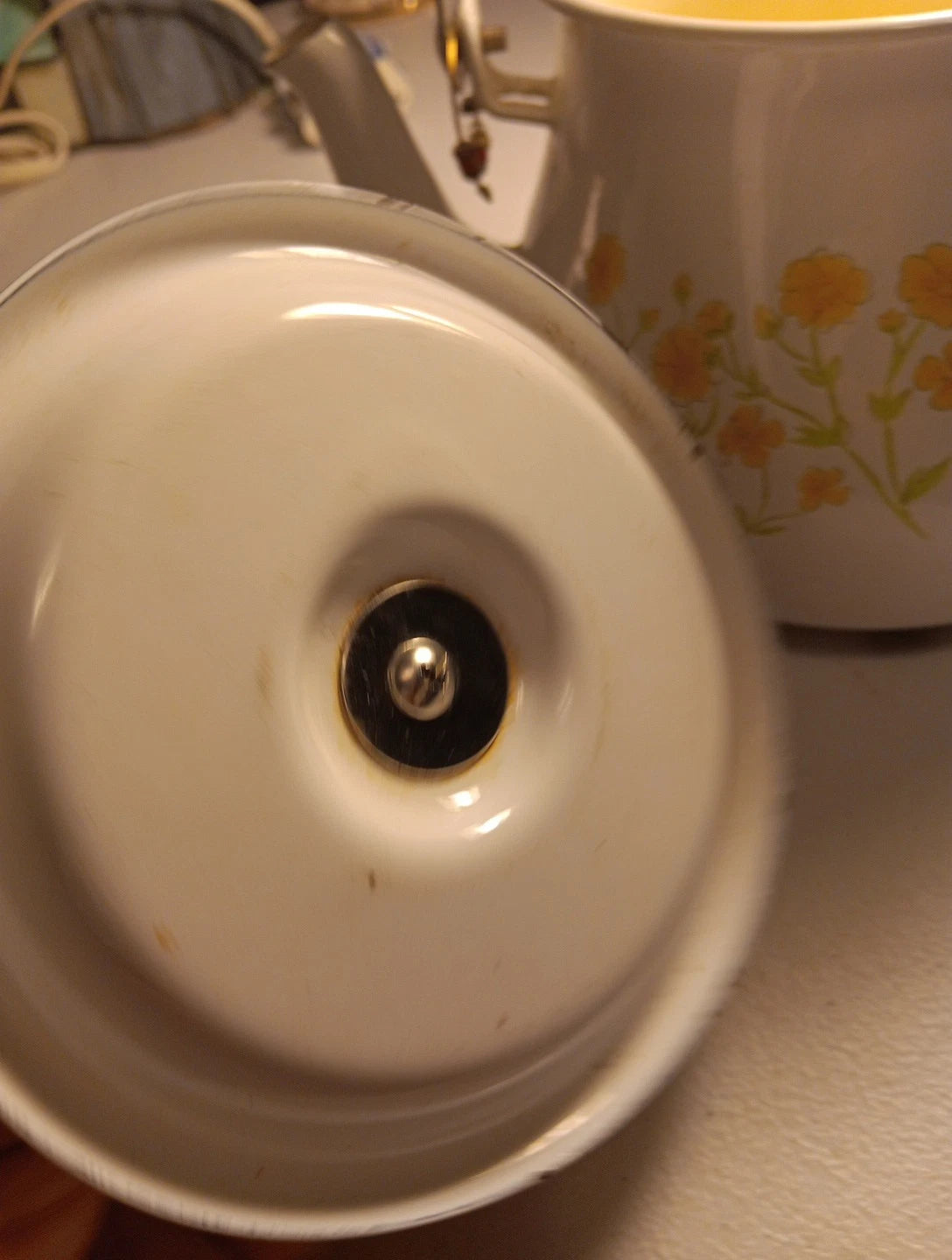 Enamelware Teapot White With Yellow Floral Design