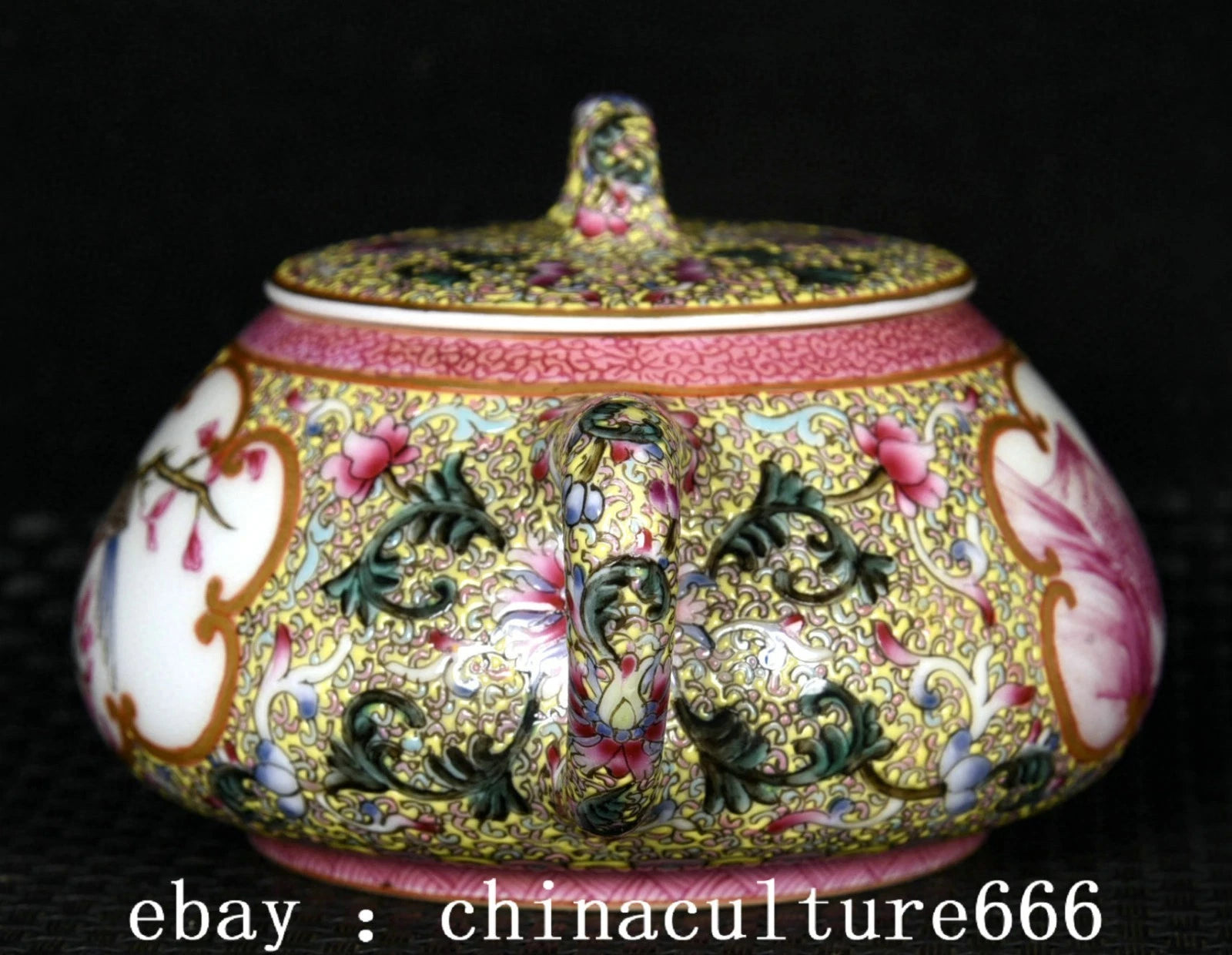 6" Qianlong Dynasty Colour Enamel Porcelain Flower Bird Animal Lid Teapot Pot