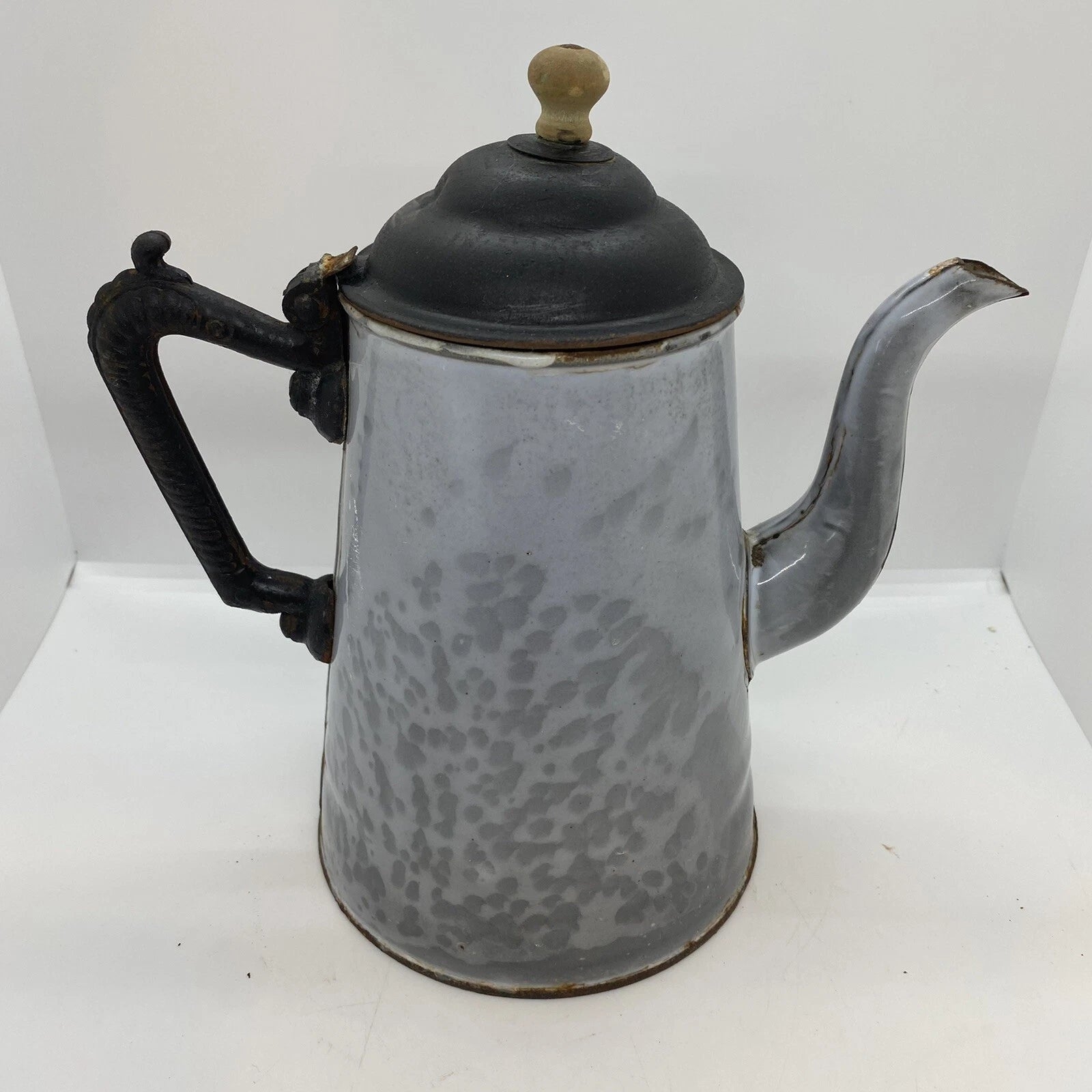 Antique American GRANITEWARE Grey Mottled Enamel Gooseneck 8" Teapot Coffee