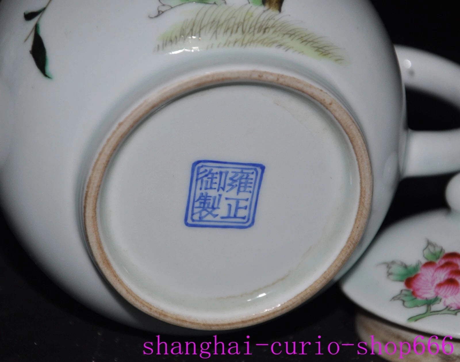 6.6"Qing Dynasty Qianlong enamel porcelain flowers text Tea set Teapot statue