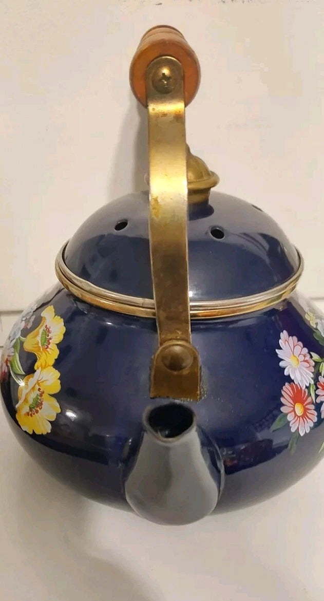 1983 GAILSTYN-SUTTON "Flower Garden" Vintage Enamel Ware Teapot Wooden Handle...