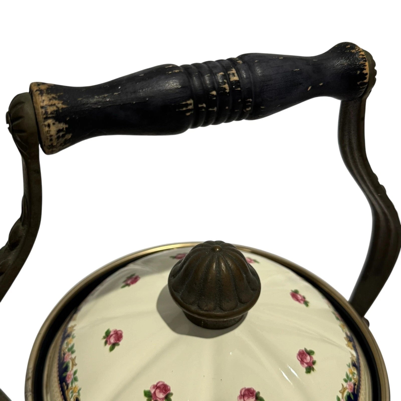 ASTA Enamelware Tea Kettle 1960s Teapot Brass Handles Floral Vtg West Germany