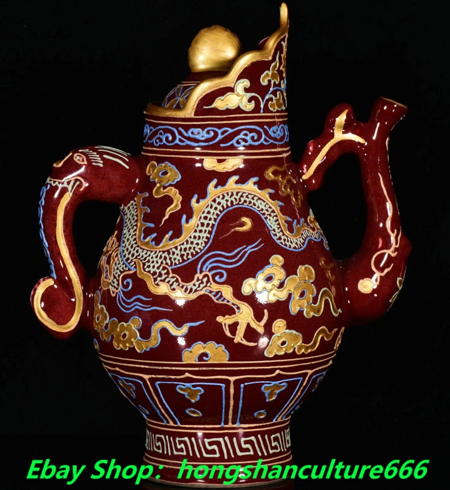 9"Yongle marked red glaze colour enamel porcelain gilt dragon Wine Teapot Flagon